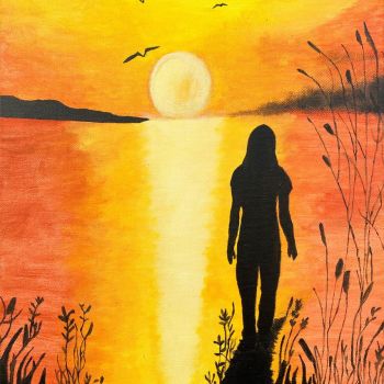 Hallie Burke St Mary of the Angels College Nathalia Year 11      Eternal Serenity: At Peace with Creation     Acrylic      Eternal Serenity: At Peace with Creation' displays a silhouette of a woman overlooking the water at sunset, representing her being a