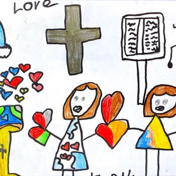 Matilda Ellery St Mary's Rutherglen Year 2      Loving Grace     Pencil, Texta      Father Carey (Parish Priest) is at the top right of my artwork and he is spreading Grace at Mass. The girls in my picture are speaking kindly and lovingly to each other. T