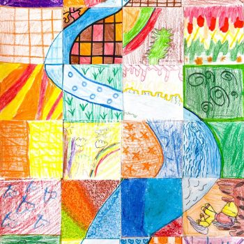 Class of 3/4GK St Joseph's Cobram Year 3 & 4      The Flowing River     Coloured Pencil, Oil Pastel, Paper, Pencil, Texta      The river represents God's ever flowing love for us.