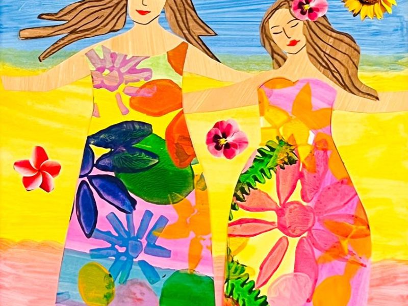 Lily Brooks St Brendan's Shepparton Year 4      Live Life to the Full     Collage, Foam Printing, Paint, Pencil      My artwork responds to the scripture passage, “I have come that they may have life and have it abundantly.” The image shows the girls havi