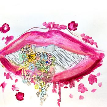 Philippa Webster St Augustine's Wodonga Year 6      Speak Beauty     Acrylic, Fine Liner, Greylead, Paper, Watercolour, Graphic Design Markers      The flowers represent grace and beauty. They are coming out of the mouth representing what we say. I used l