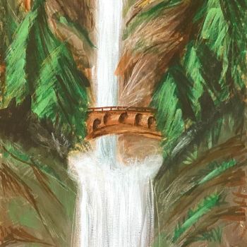 Fatma Ghadban St Anne's College Kialla Year 9      Allah's Creations     Acrylic, Canvas Board, Pencil      I painted the Multnomah Falls, as it really caught my eye when I saw it. I used acrylic paint, pencils and some markers. I was inspired to paint na