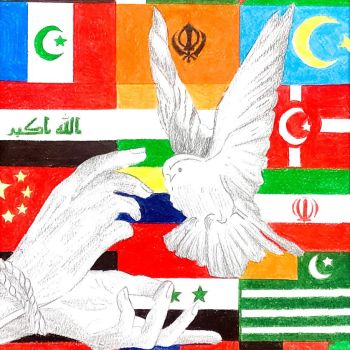 Hina Batool St Anne's College Kialla Year 9      Save us please     Greylead, Paper, Pencil      My artwork has a pair of hands tied up in a rope and it's reaching out for a pigeon. The background is a bunch of flags in color. The hands and bird are both 