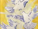 Lillian Richardson St Anne's College Kialla Year 9      The Language of Doves     Paper, Watercolour      The piece depicts three doves, symbolising purity, peace, and communication. Through subtle hues of contrasting colours such as orange and yellow, an
