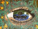 Manjot Kaur St Anne's College Kialla Year 9      In a Blink     Acrylic, Canvas Board      My artwork showcases the use of acrylic paint and gouache in a range of tones. My artwork displays an eye with a reflection of a city in it. I have also added vines