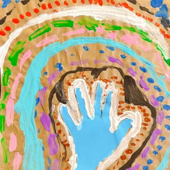 Scarlett Holmes Holy Rosary Heathcote Prep      Hand of Reconciliation     Mixed Media, Paint      This artwork is about Reconciliation